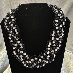 Vintage Black Chainlink With Rhinestone Accents Collar Necklace - EUC Statement